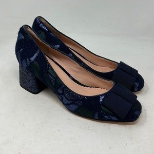 J. Crew CELIA Jacquard Bow Glitter Block heel pumps Blue Green Size US 8
